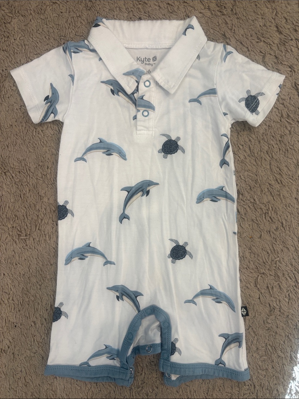 Kyte BABY Bamboo White Polo Romper with Dolphins. Size: 3-6 mos. BNWOT.